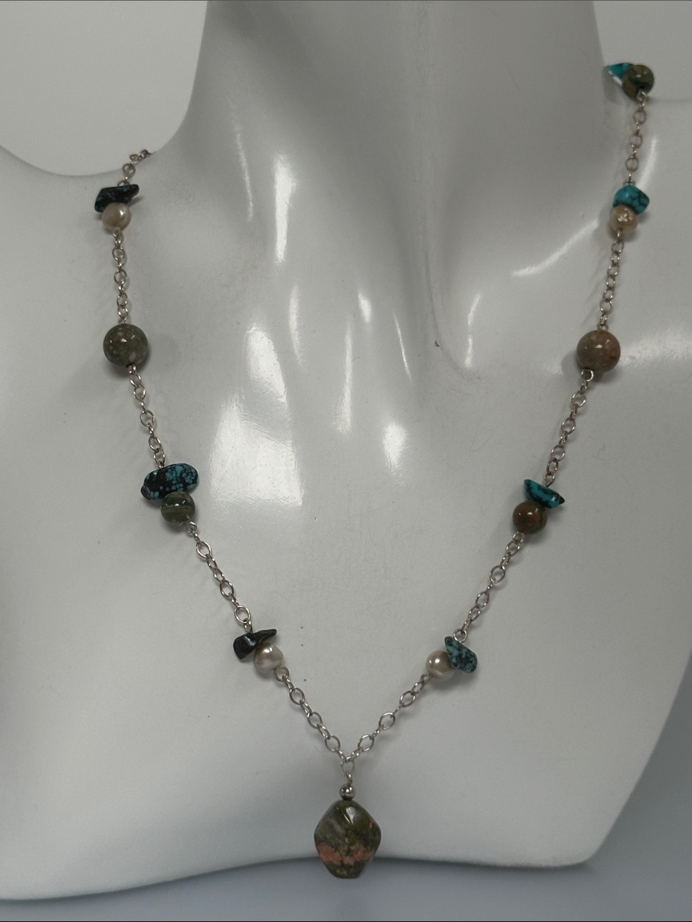 Turquoise and Green Unakite Jasper Beaded Silver Chain Necklace
